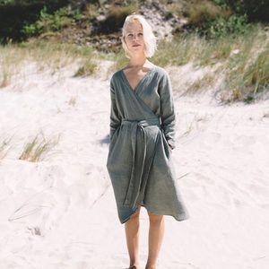 Linenfox Rosemary Wrap Dress in Pine Green - Size X-Small